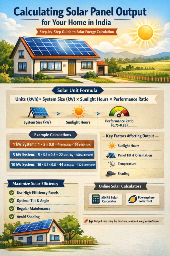 Infographic showing how to calculate solar panel output in India with examples for 1 kW, 5 kW, and 10 kW residential solar systems.