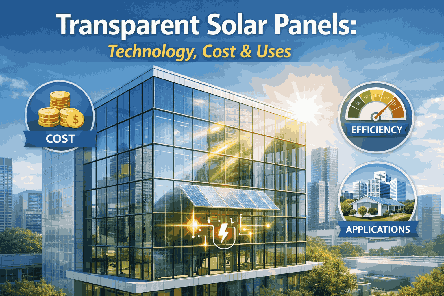 “Modern office building with transparent solar panels on glass windows, sunlight generating energy, showing cost, efficiency, and real-world applications”