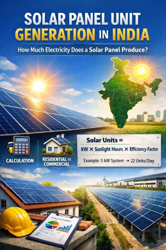 Solar panel unit generation in India showing calculation formula and daily electricity output for residential and commercial systems